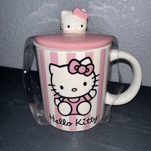 Sanrio Hello Kitty Pink Stripes Ceramic Mug With Lid / 18 Ounces New